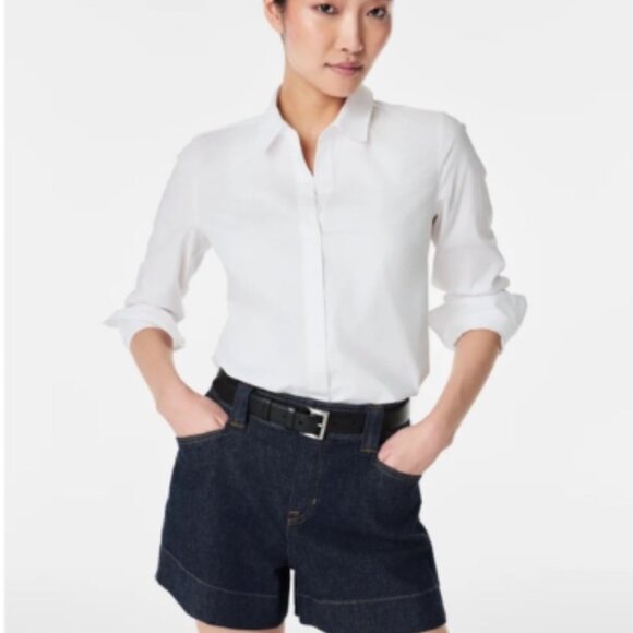 SPANX Stretch Poplin Button Front Pullover Blouse Classic White Size XS - Picture 2 of 7